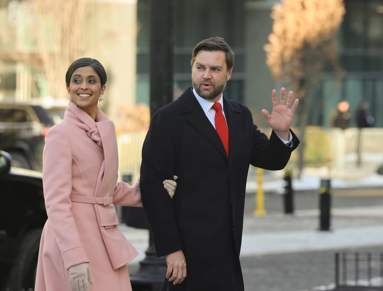 Vice President-elect JD Vance and his wife, Usha Vance, arrive at St. John’s Church for a service in Washington on Monday morning, Jan. 20, 2025. (Alyssa Schukar/The New York Times)