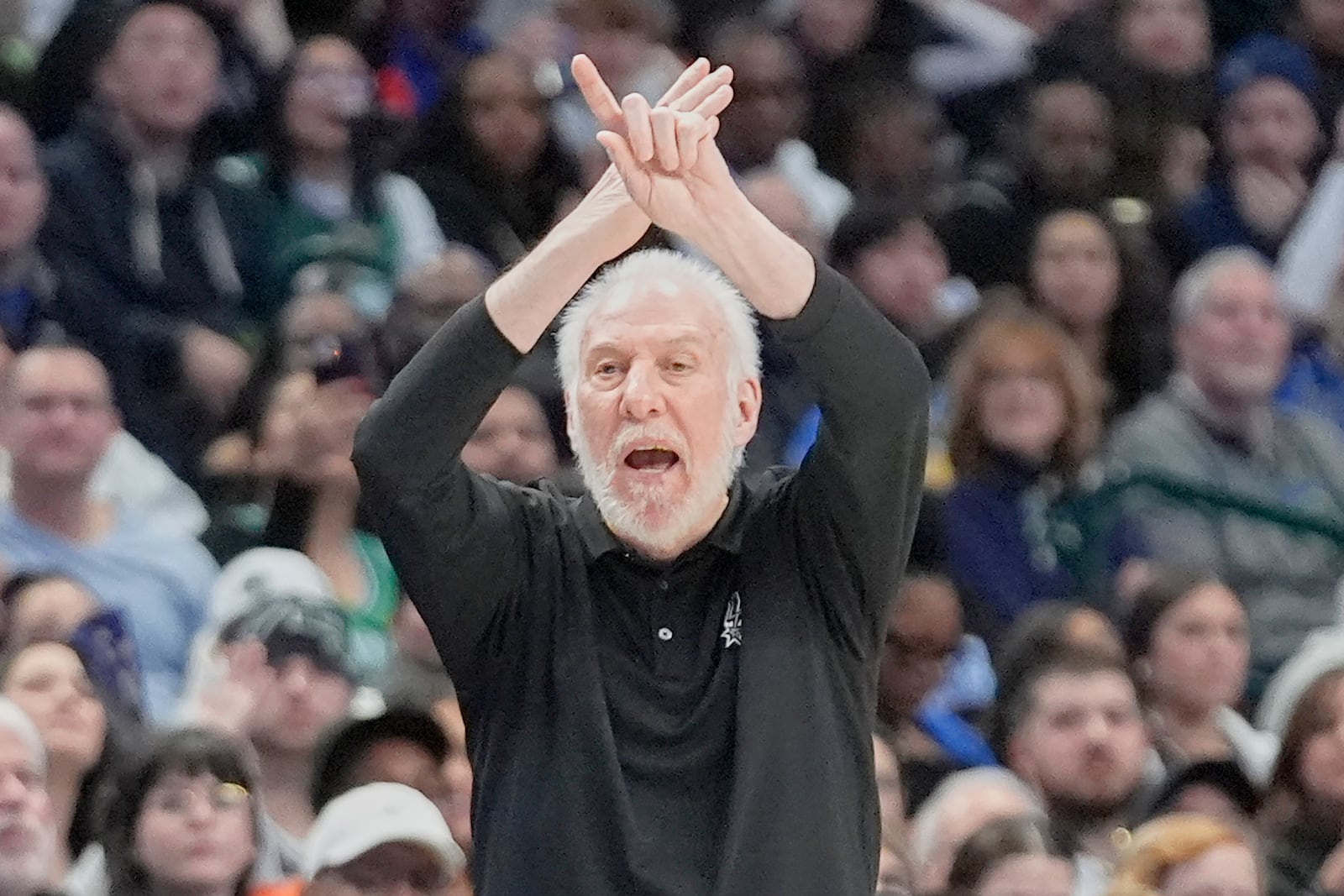 FILE - San Antonio Spurs head coach Gregg Popovich yells during the second half of an NBA basketball game against the Dallas Mavericks in Dallas, Wednesday, Feb. 14, 2024. (AP Photo/LM Otero, File)