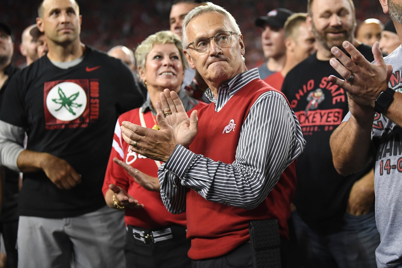 FILE - Former Ohio State head coach Jim Tressel watches a scoreboard tribute for the 2002 national championship team during the second quarter of an NCAA college football game between Notre Dame and Ohio State, Saturday, Sept. 3, 2022, in Columbus, Ohio. (AP Photo/David Dermer, File)