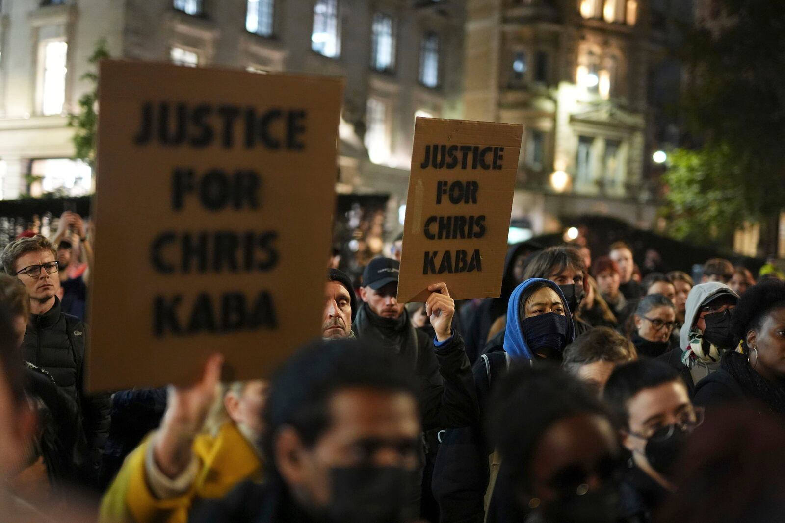 People demonstrate outside the Old Bailey in central London, Monday Oct. 21, 2024, after the London police officer who fatally shot Chris Kaba was acquitted of murder. (Jordan Pettitt/PA via AP)