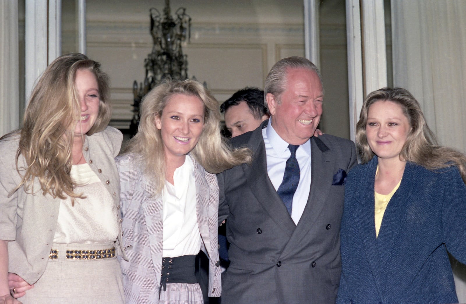 FILE - President of the French National Front Jean Marie Le Pen with his daughters, left to right, Marine, Yann and Marie Caroline on April 24, 1988,. (AP Photo/Olivier Boitet, File)