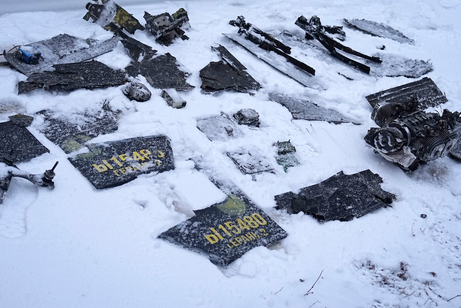 Fragments of an explosive device are displayed by Ukrainian authorities after a drone attack at the former Chernobyl nuclear power plant, Ukraine, Friday, Feb. 14, 2025. (AP Photo/Efrem Lukatsky)