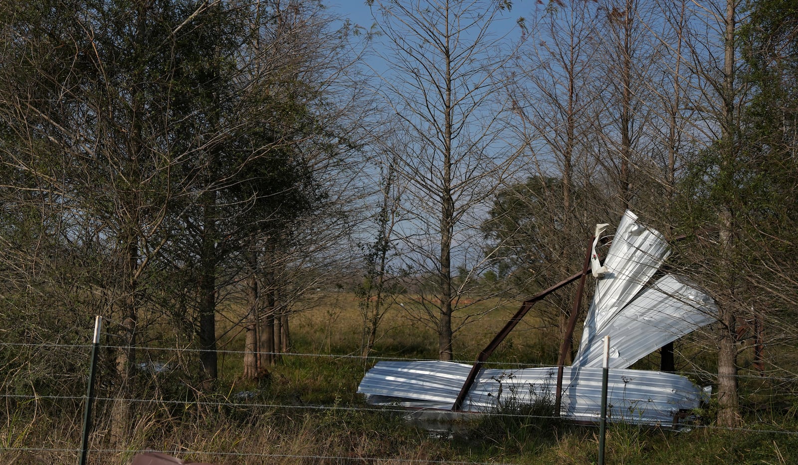 Debris sticks onto trees following a tornado that went through Katy, Texas, Saturday, Dec. 28, 2024. (Elizabeth Conley/Houston Chronicle via AP)