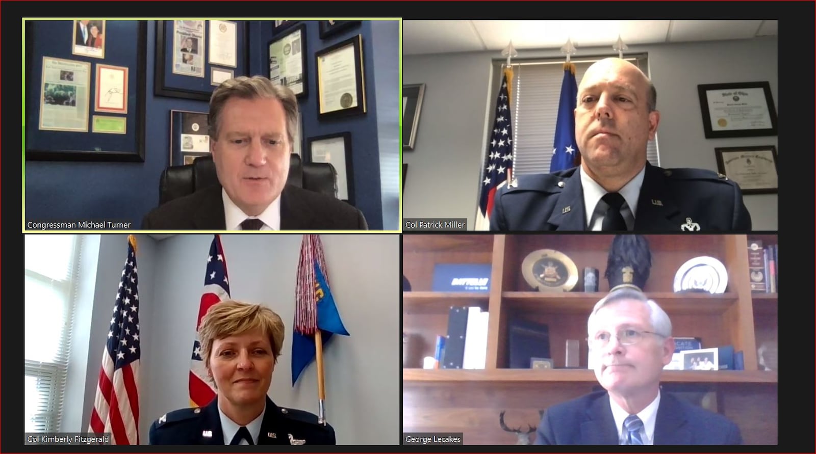 A panel moderated by U.S. Rep. Mike Turner, at the Ohio Defense and Aerospace Forum Tuesday. Clockwise from left are Turner; Col Patrick Miller,  88th Air Base Wing commander, Wright Patterson AFB; George Lecakes, vice president and general manager, national security, Battelle; and Col Kimberly Fitzgerald, 178th Wing commander, Springfield Air National Guard Base. THOMAS GNAU/STAFF 