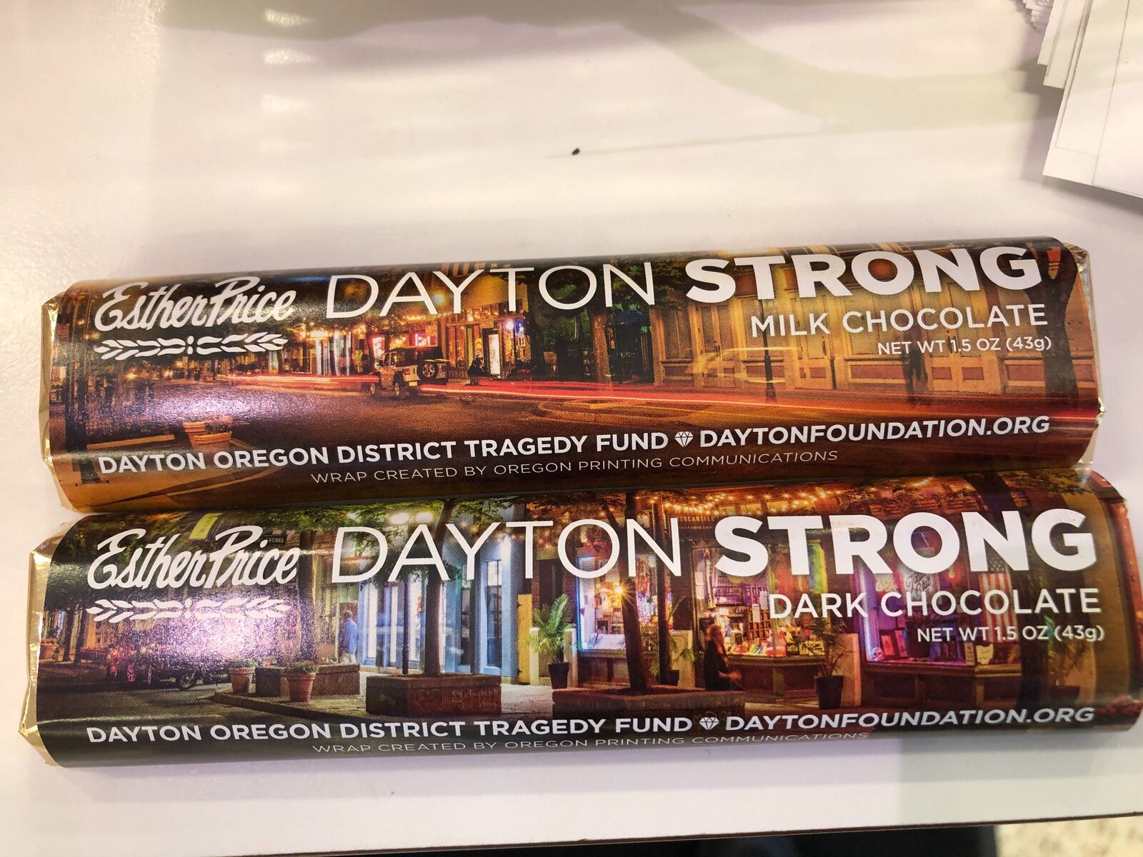 Esther Price Candies are now selling "Dayton  Strong" chocolate bars that include a reference to the Dayton Foundation's Dayton Oregon District Tragedy Fund on the wrapper.