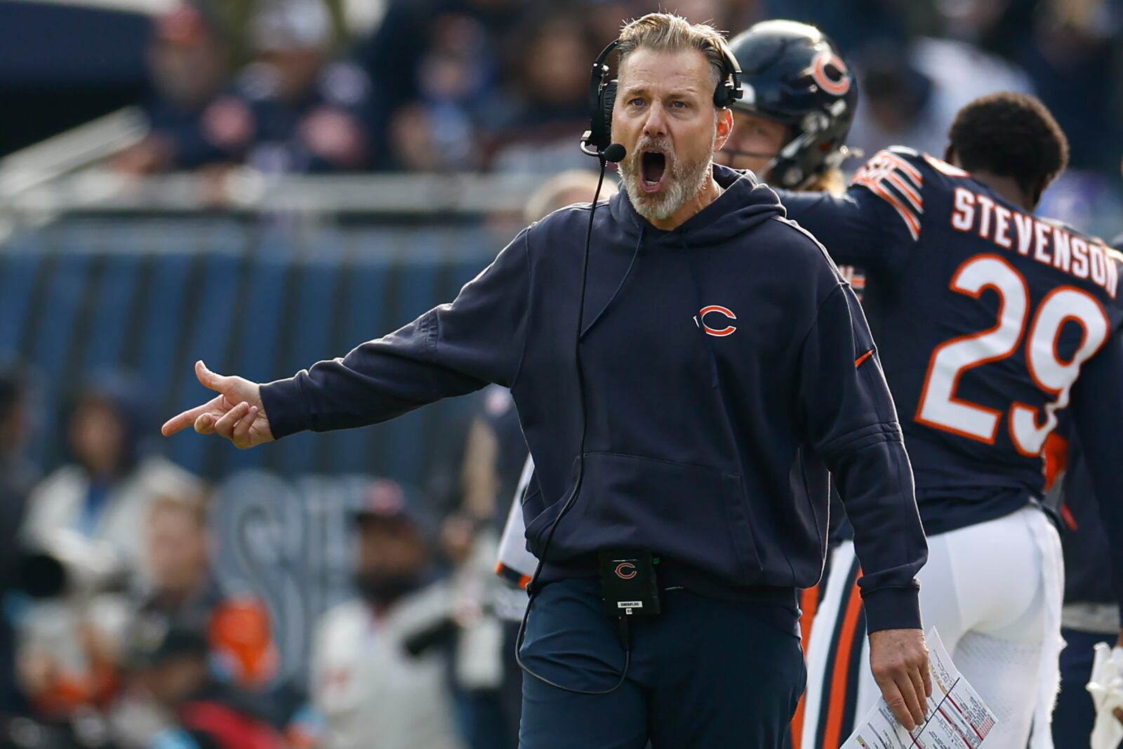 FILE - Chicago Bears head coach Matt Eberflus reacts during the first half of an NFL football game against the Green Bay Packers, Sunday, Nov. 17, 2024, in Chicago. (AP Photo/Kamil Krzaczynski, File)