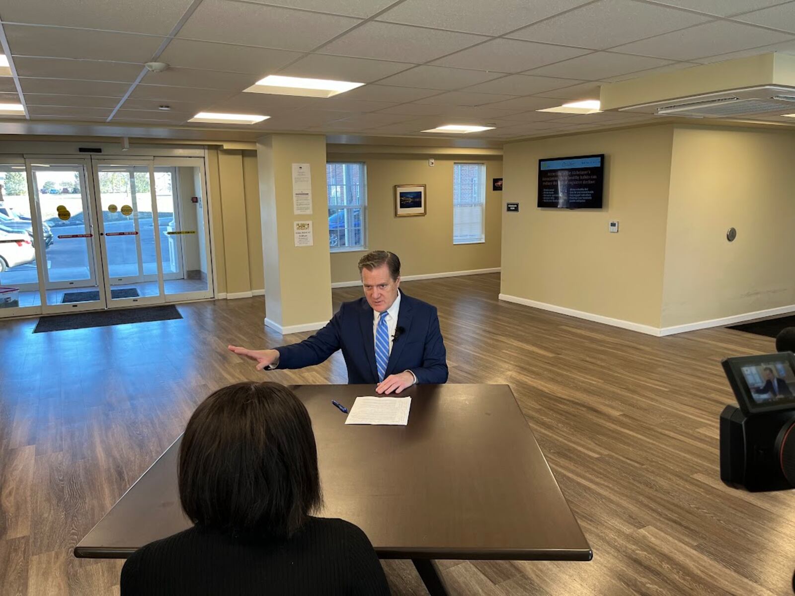 U.S. Rep. Mike Turner, R-Dayton, speaks with a reporter Wednesday at Lyons Place II on the Dayton VA campus. THOMAS GNAU/STAFF