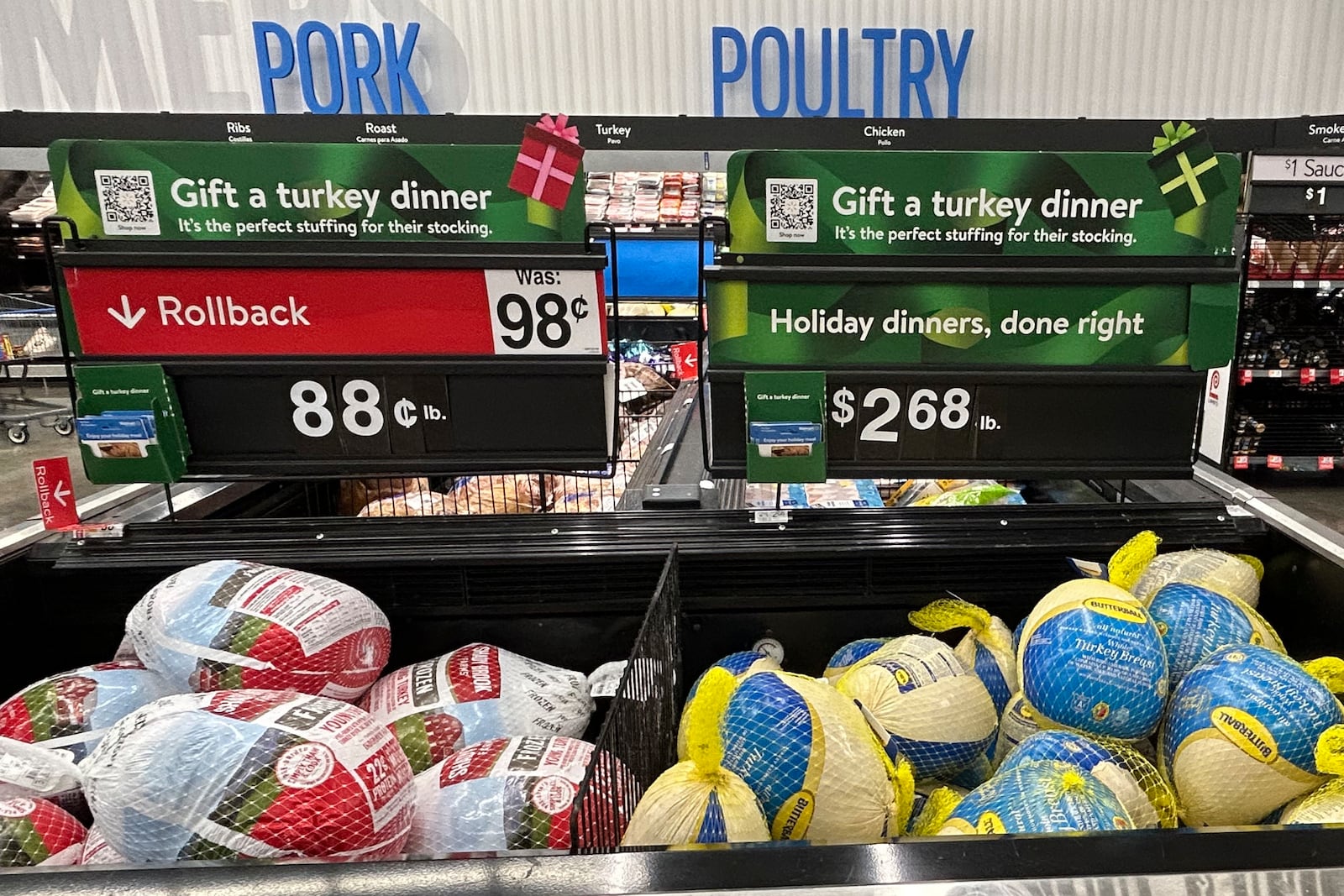 Frozen turkey is displayed at a Walmart store in Secaucus, N.J., on Wednesday, Nov. 13, 2024. (AP Photo/Anne D'Innocenzio)