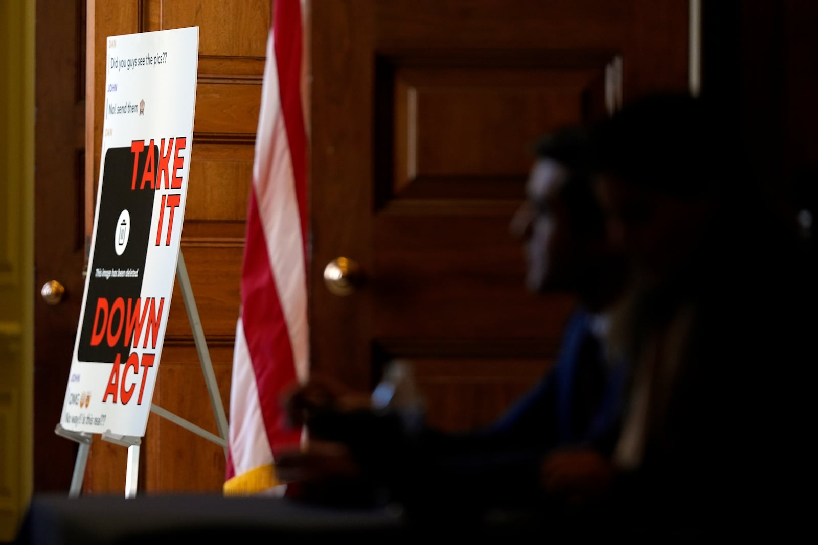 A poster outside a roundtable about an online safety bill, hosted by first lady Melania Trump, is pictured in the Capitol, Monday, March 3, 2025, in Washington. (AP Photo/Julia Demaree Nikhinson)