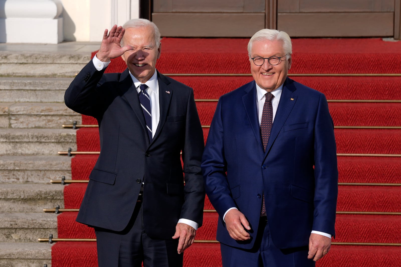 President Joe Biden is welcomed by German President Frank-Walter Steinmeier during the welcoming ceremony at Bellevue Palace in Berlin, Germany, Friday, Oct. 18, 2024. (AP Photo/Matthias Schrader)