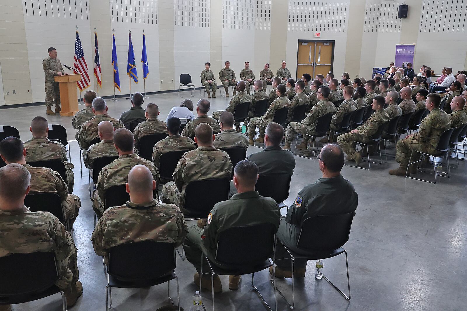 The Airmen with the 178th Wing of the Ohio Air National Guard and their families participated in a Call to Duty Ceremony Sunday at the Springifeld National Guard Base. The airmen are deploying in support of the Air Force Central Command to provide tactical command and control capabilities. BILL LACKEY/STAFF