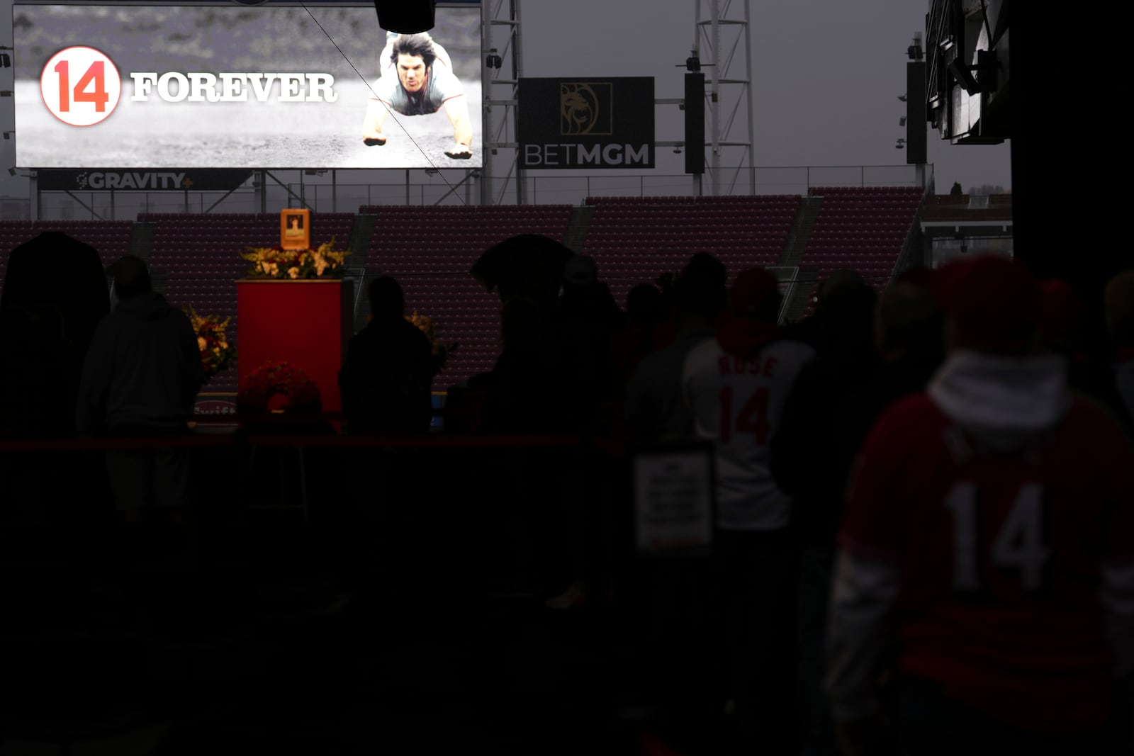 Baseball fans line up to pay their respects to Cincinnati Reds legend Pete Rose during a public visitation, Sunday, Nov. 10, 2024, at Great American Ball Park in Cincinnati. (AP Photo/Kareem Elgazzar)