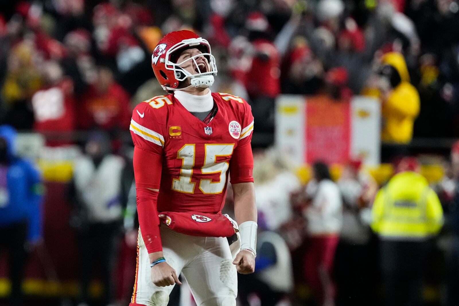 IKansas City Chiefs quarterback Patrick Mahomes (15) celebrates after defeating the Buffalo Bills in the AFC Championship NFL football game, Sunday, Jan. 26, 2025, in Kansas City, Mo. (AP Photo/Ed Zurga)