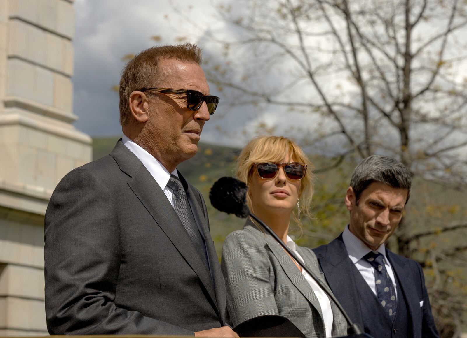 This image released by Paramount Network shows Kevin Costner, from left, Kelly Reilly and Wes Bentley in a scene from "Yellowstone." (Paramount Network via AP)