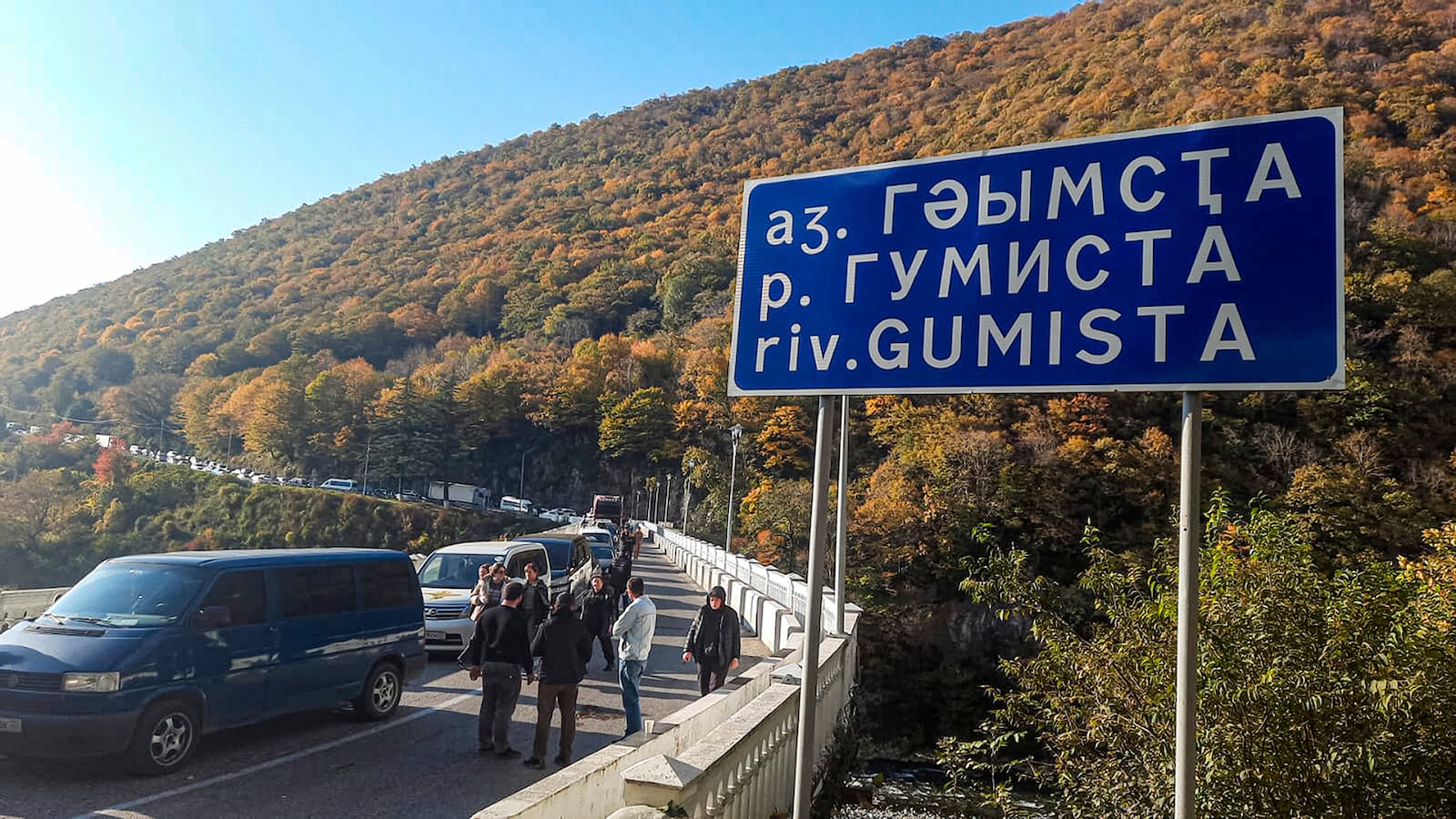 Protesters block the bridge over the Gumista River, about 5,5 kilometres south of Sukhumi in the Georgian separatist region of Abkhazia, Georgia, Tuesday, Nov. 12, 2024. (AP Photo)