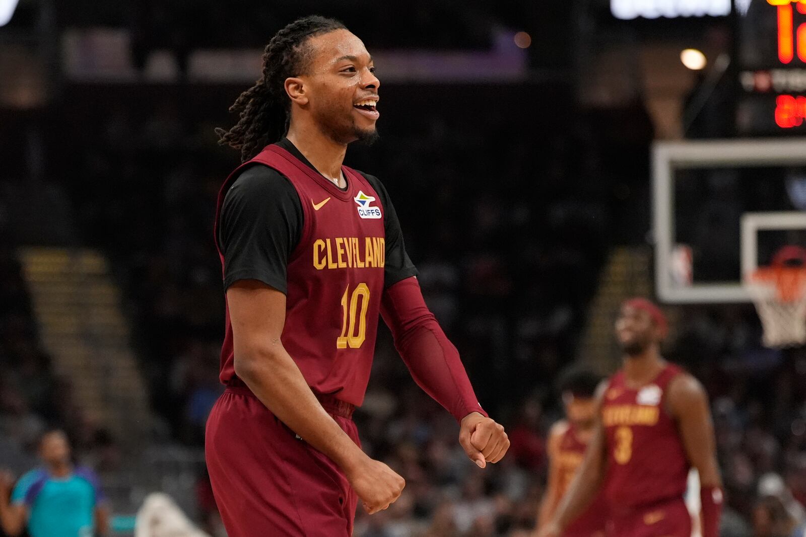 Cleveland Cavaliers guard Darius Garland (10) celebrates in the first half of an NBA basketball game against the Charlotte Hornets, Sunday, Jan. 5, 2025, in Cleveland. (AP Photo/Sue Ogrocki)