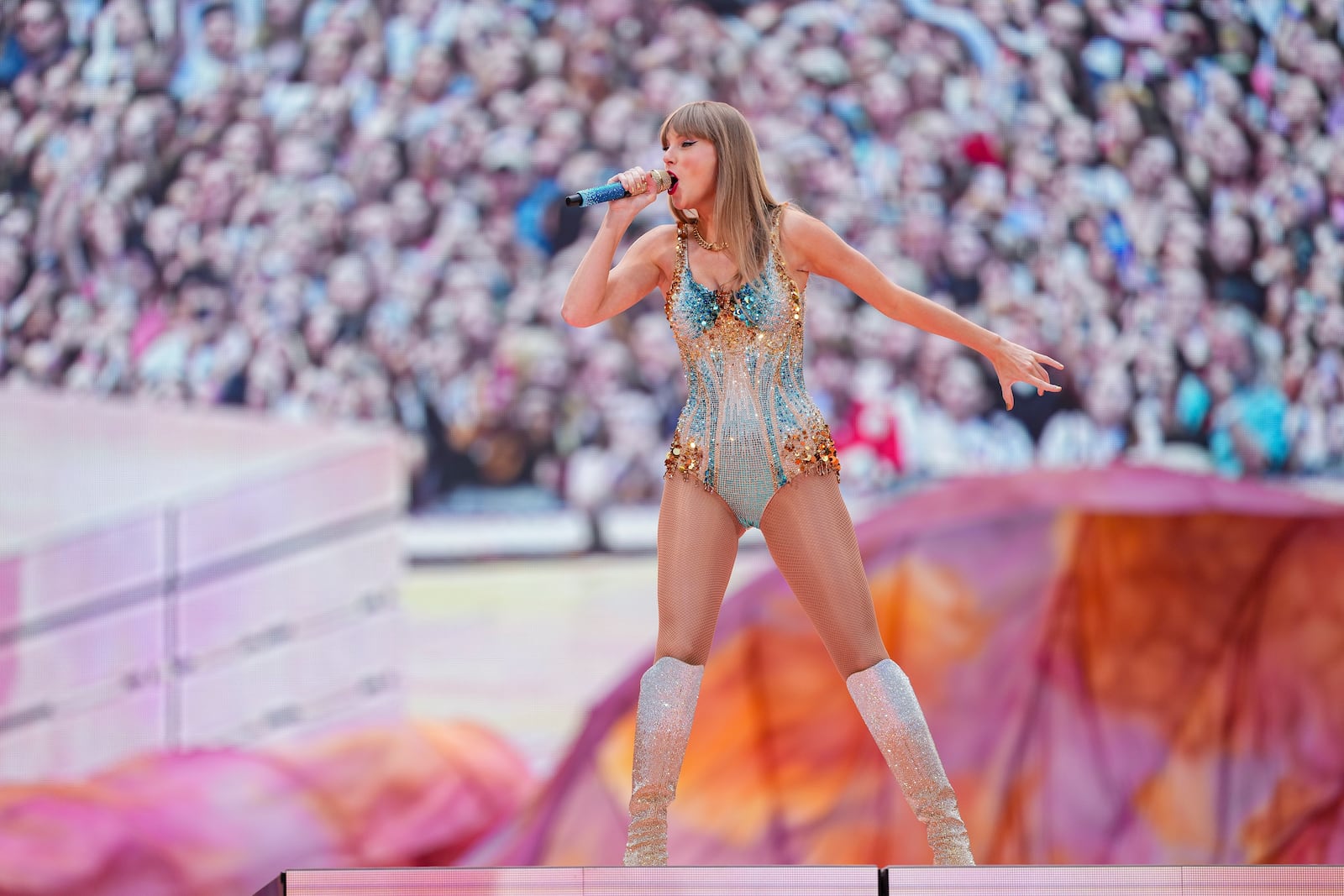 FILE - Taylor Swift performs at Wembley Stadium as part of her Eras Tour on Friday, June 21, 2024 in London. (Photo by Scott A Garfitt/Invision/AP, File)