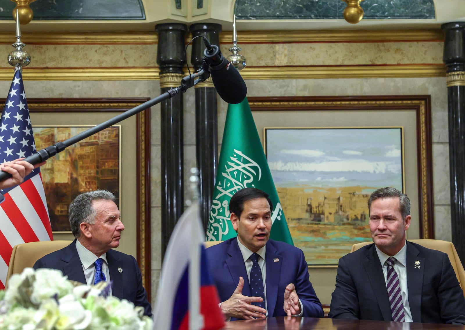 U.S. Secretary of State Marco Rubio, U.S. National Security Advisor Mike Waltz and U.S. Middle East envoy Steve Witkoff attend an interview after meeting with Russian Foreign Minister Sergei Lavrov and Russian President Vladimir Putin's foreign policy advisor Yuri Ushakov, at Diriyah Palace, in Riyadh, Saudi Arabia, Tuesday, Feb. 18, 2025. (Evelyn Hockstein/Pool Photo via AP)