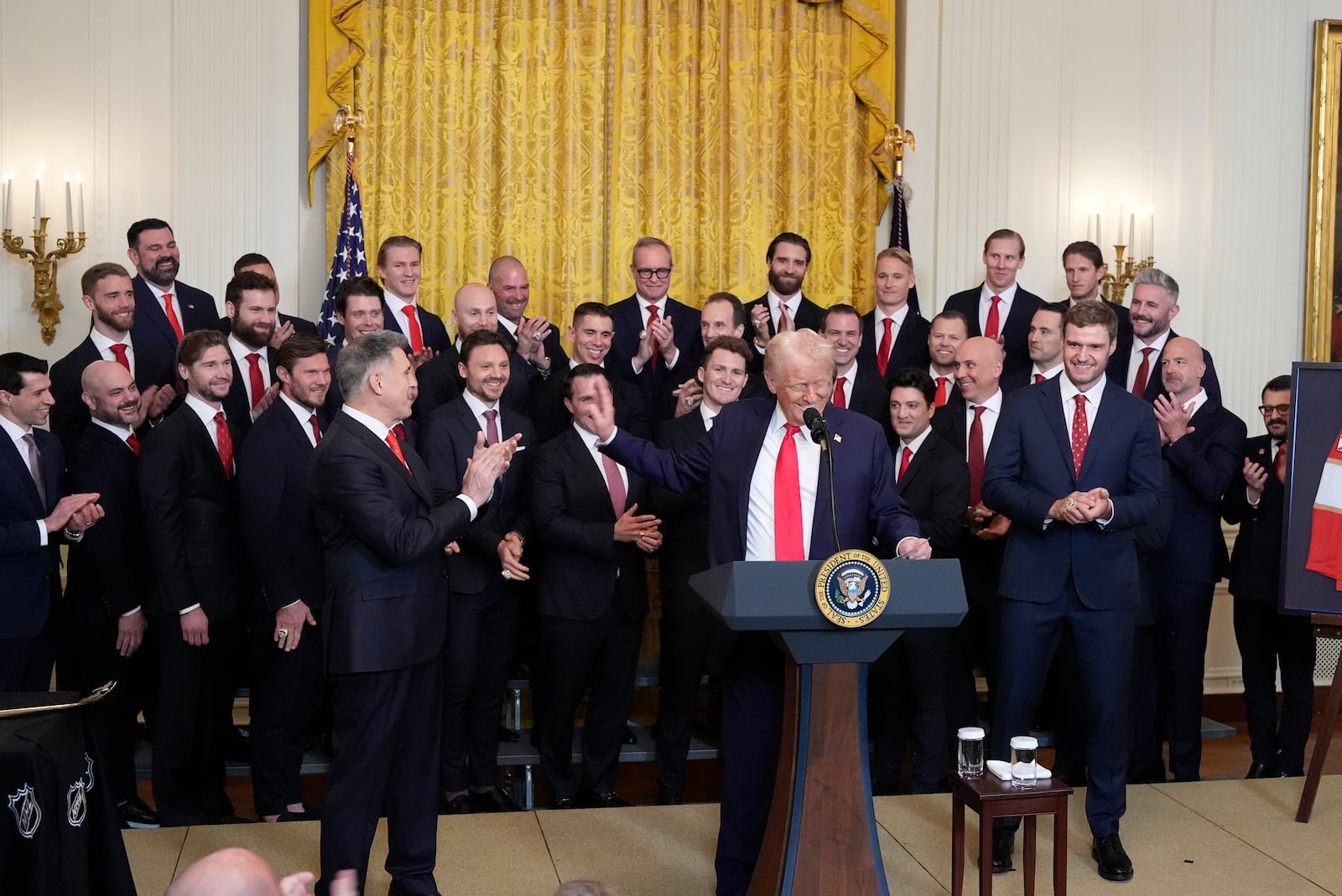 President Donald Trump speaks during a ceremony with the Florida Panthers NHL hockey team to celebrate their 2024 Stanley Cup victory in the East Room of the the White House, Monday, Feb. 3, 2025, in Washington. (AP Photo/Alex Brandon)