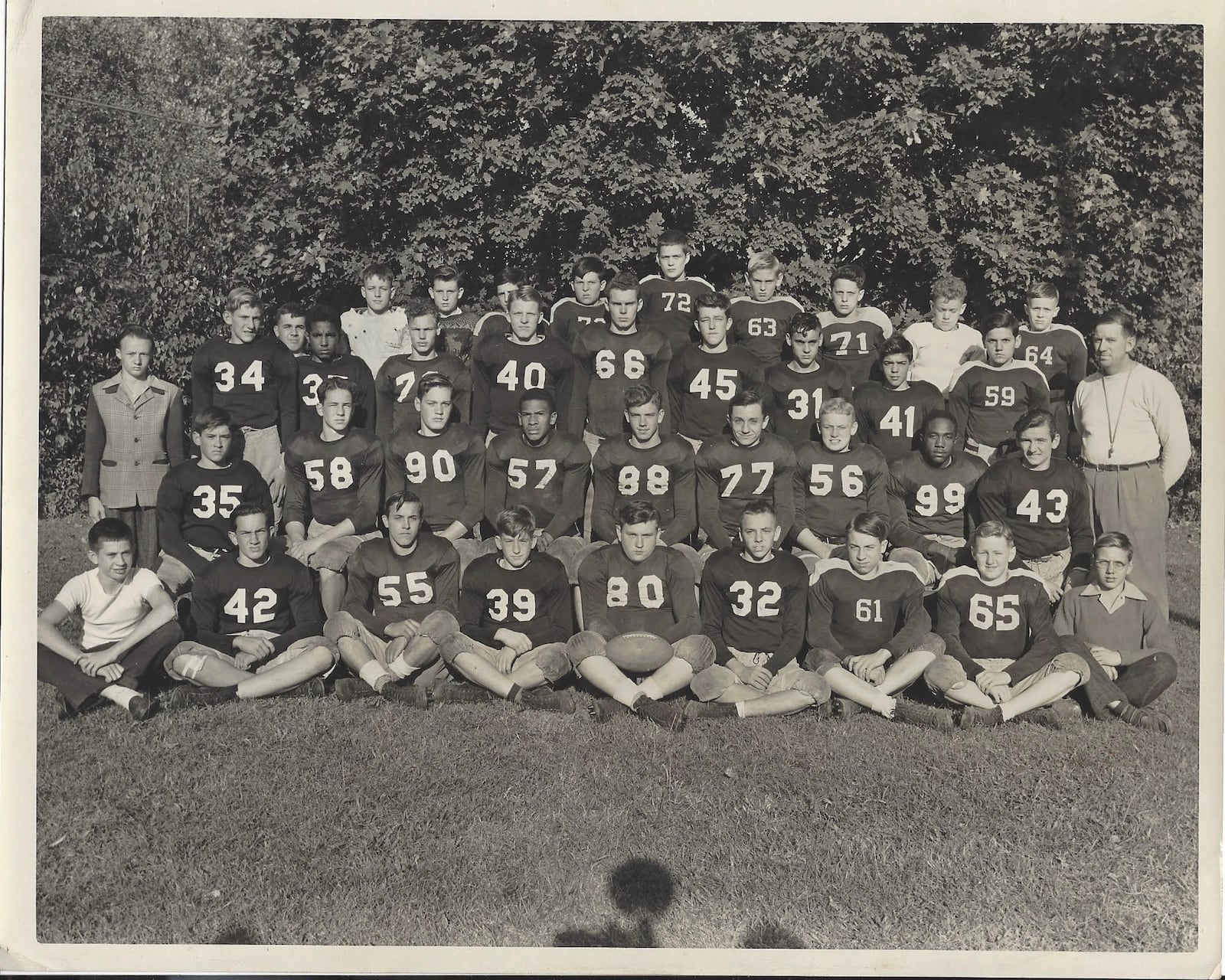 In the 1946-7 school year, the Schaefer Junior High Purple swept the Springfield junior high football, basketball and track championships. Lamar Kilgore who provided these photos, identified eight teammates who went on to play college sports. In this football photo are Bob Bronston, 11; and Jack Sallee,19. Some players appear in both. COURTESY PHOTO