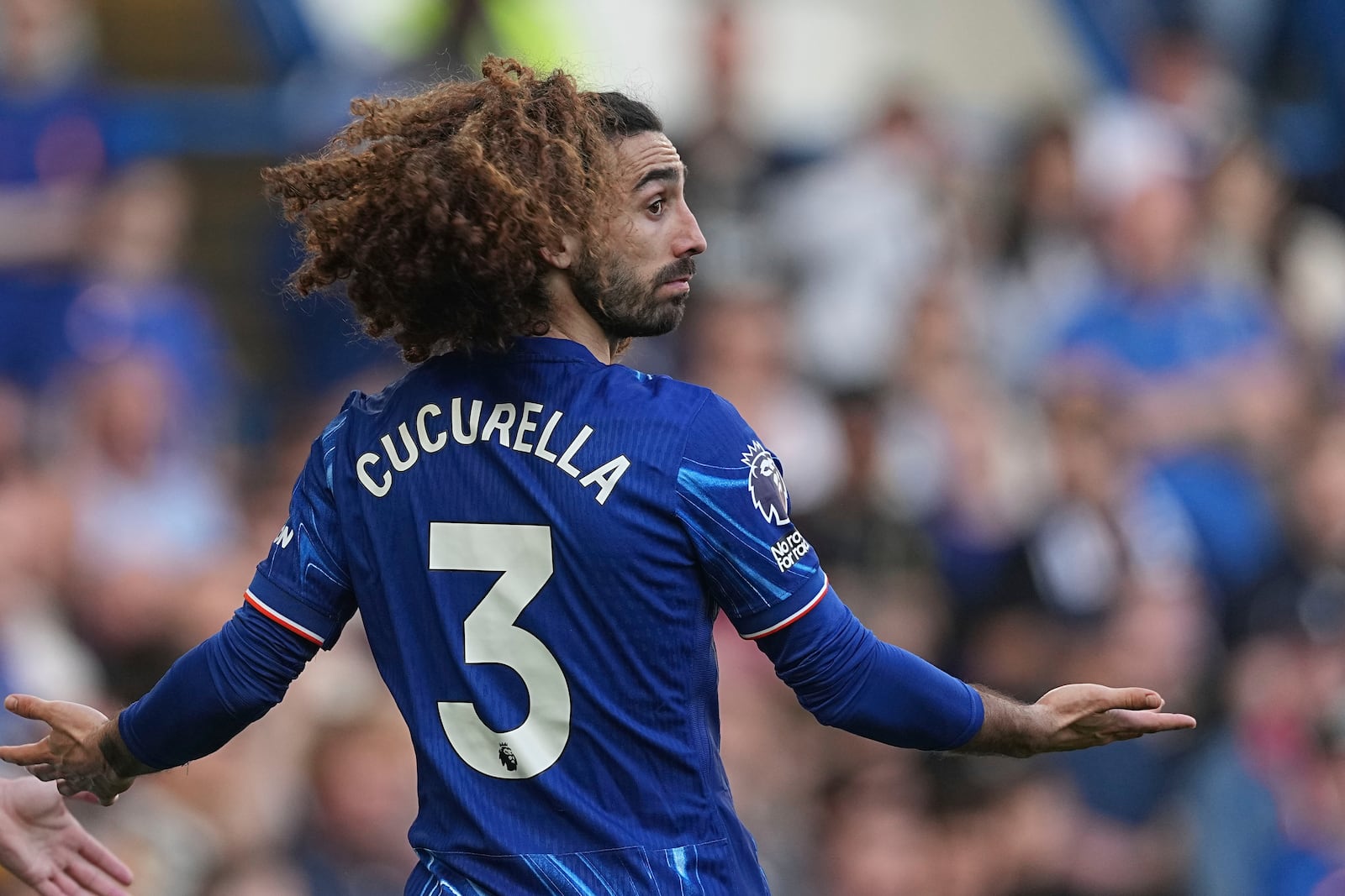 Chelsea's Marc Cucurella gestures during the English Premier League soccer match between Chelsea and Leicester City, at the Stamford Bridge stadium in London, Sunday, March 9, 2025. (AP Photo/Dave Shopland)