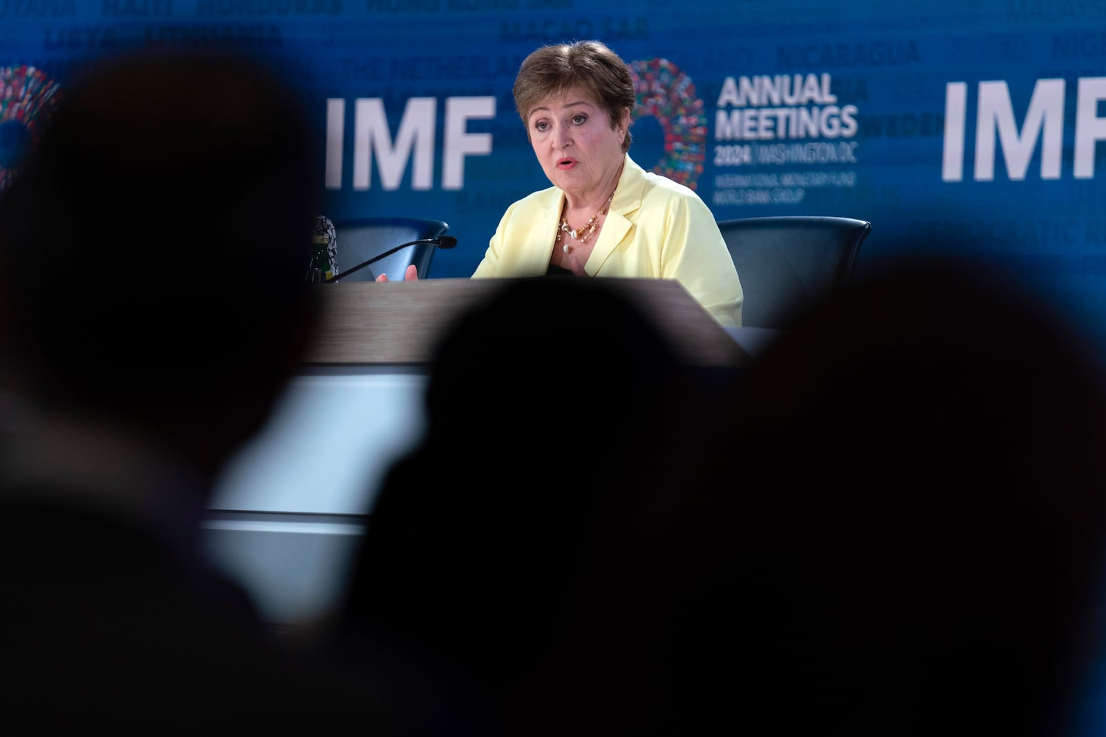 International Monetary Fund (IMF) Managing Director Kristalina Georgieva speaks during a news conference during the World Bank/IMF Annual Meetings in Washington, Thursday, Oct. 24, 2024. (AP Photo/Jose Luis Magana)