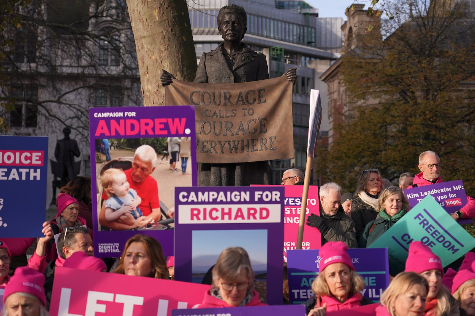 Pro legal assisted dying supporters demonstrate in front of Parliament in London, Friday, Nov. 29, 2024 as British lawmakers started a historic debate on a proposed to help terminally ill adults end their lives in England and Wales.(AP Photo/Alberto Pezzali)