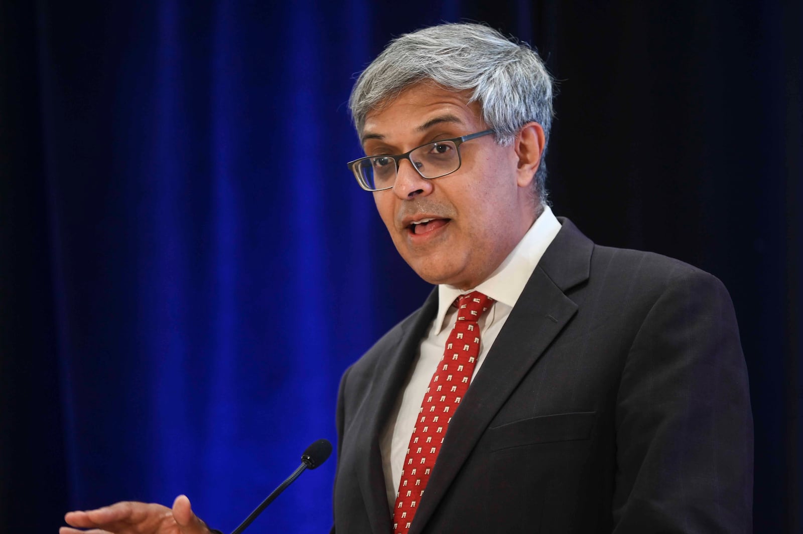 In this photo provided by Stanford Health Policy, Dr. Jay Bhattacharya speaks about the COVID pandemic during a conference in Stanford, Calif., on Oct. 4, 2024. (Rod Searcey/Stanford Health Policy via AP)