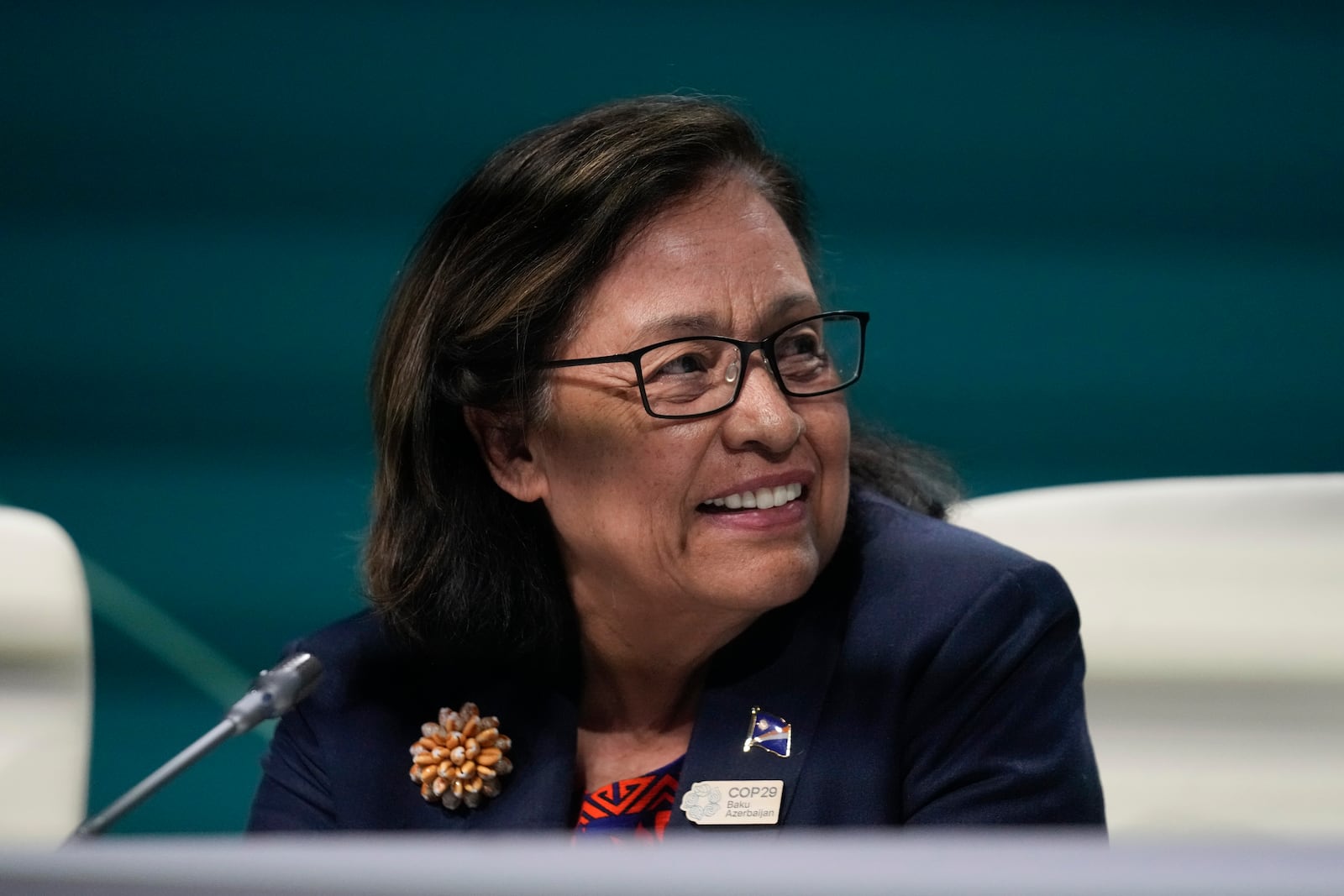 Marshall Islands President Hilda Heine attends a session with the Marshall Islands High Ambition Coalition at the COP29 U.N. Climate Summit, Wednesday, Nov. 13, 2024, in Baku, Azerbaijan. (AP Photo/Rafiq Maqbool)