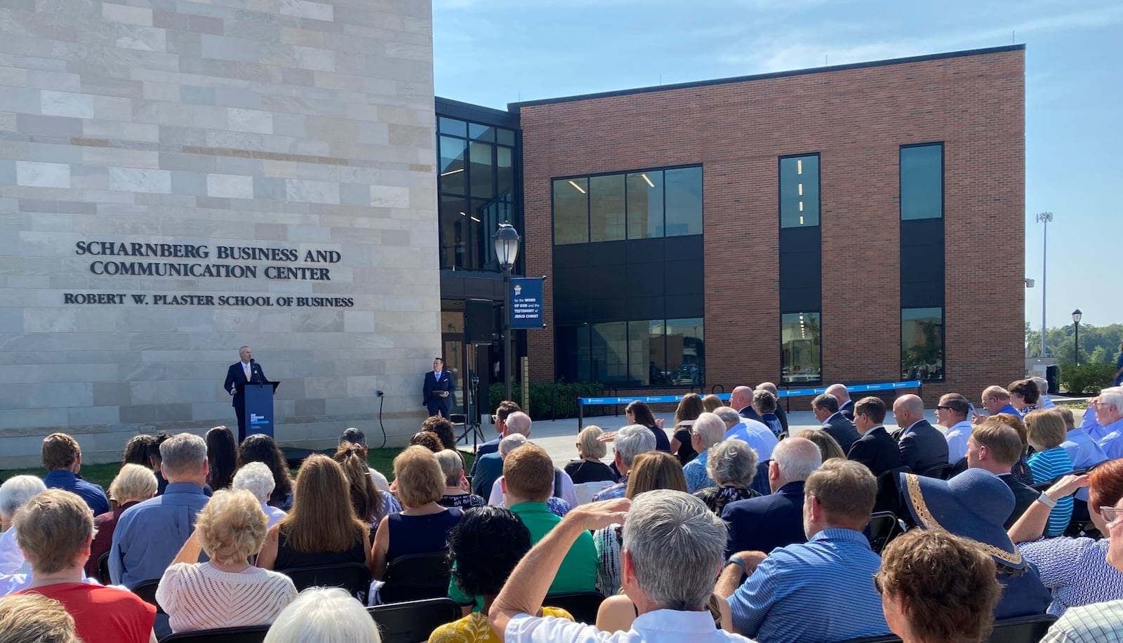 Dr. Will Smallwood, vice president for advancement, opens the Scharnberg Dedication ceremony at Cedarville University. Contributed