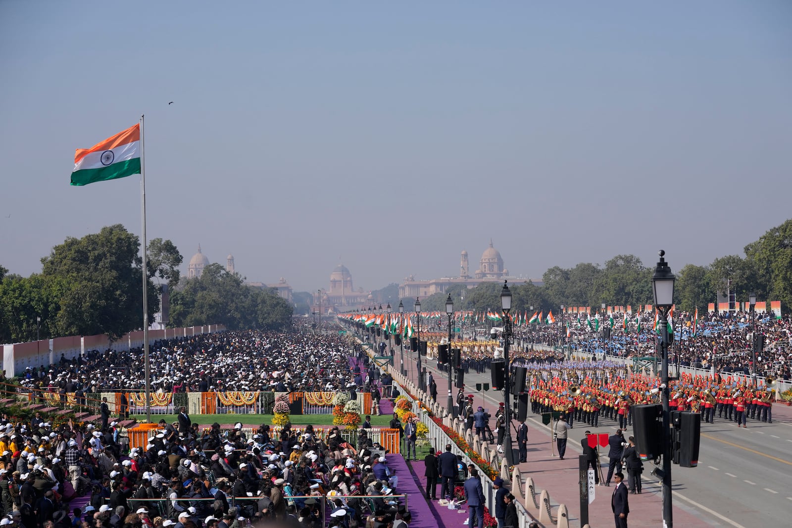 Indian defense forces march through the ceremonial Kartavya Path boulevard during India's Republic Day parade celebrations in New Delhi, India, Sunday, Jan. 26, 2025. (AP Photo/Channi Anand)