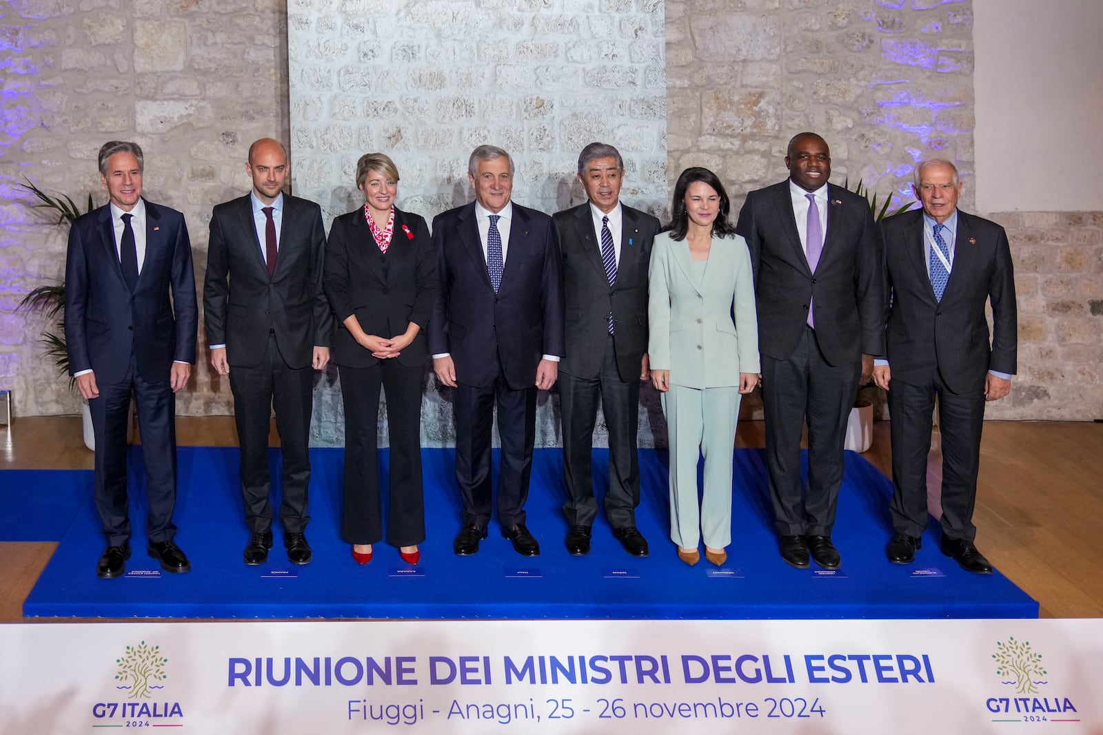 From left, U.S. Secretary of State Antony Blinken , French Foreign Minister Jean-Noël Barrot, Canada's Foreign Minister Melanie Joly, Italian Foreign Minister Antonio Tajani, Japanese Foreign Minister Takeshi Iwaya, German Foreign Minister Annalena Baerbock, Britain's Foreign Secretary David Lammy, and European Union foreign policy chief Josep Borrell pose for a family photo at the G7 of foreign Ministers in Anagni, some 70 kilometers south-east of Rome, Monday, Nov. 25, 2024. (AP Photo/Alessandra Tarantino)