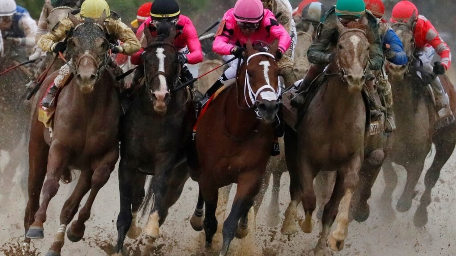 FILE - In this May 4, 2019, file photo, Flavien Prat on Country House, left, races against Luis Saez on Maximum Security, third from left, during the 145th running of the Kentucky Derby horse race at Churchill Downs in Louisville, Ky. Kentucky Derby winner Country House will not run in the Preakness. Assistant trainer Riley Mott confirmed to The Associated Press on Tuesday, May 7 that the longshot winner of horse racing s biggest event is no longer being considered for the second jewel of the Triple Crown. Country House was named the winner of the Kentucky Derby after Maximum Security was disqualified.