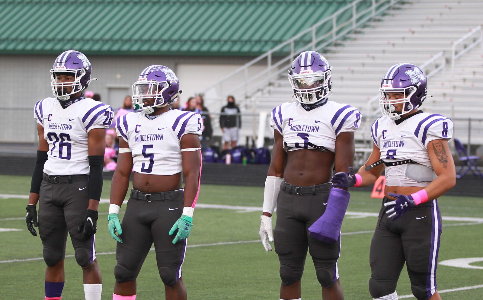 Middletown Middies football captains (l-r) Terrecc Richardson, Josh Bryant, Cameron Junior and Kamron Cooper at the coin toss against Northmont.