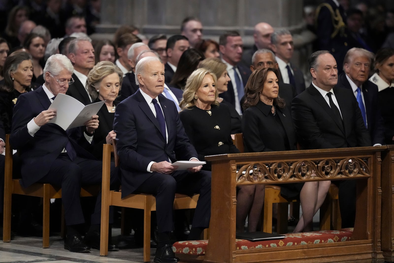 President Joe Biden, first lady Jill Biden, Vice President Kamala Harris, second gentleman Doug Emhoff, former President Bill Clinton, former first lady Hillary Clinton, former President George W. Bush, former first lady Laura Bush, former President Barack Obama, former President and President-elect Donald Trump, former first lady Melania Trump, former Vice President Al Gore, former Vice President Mike Pence and others, attend the State Funeral for former President Jimmy Carter at Washington National Cathedral in Washington, Thursday, Jan. 9, 2025. (AP Photo/Ben Curtis)