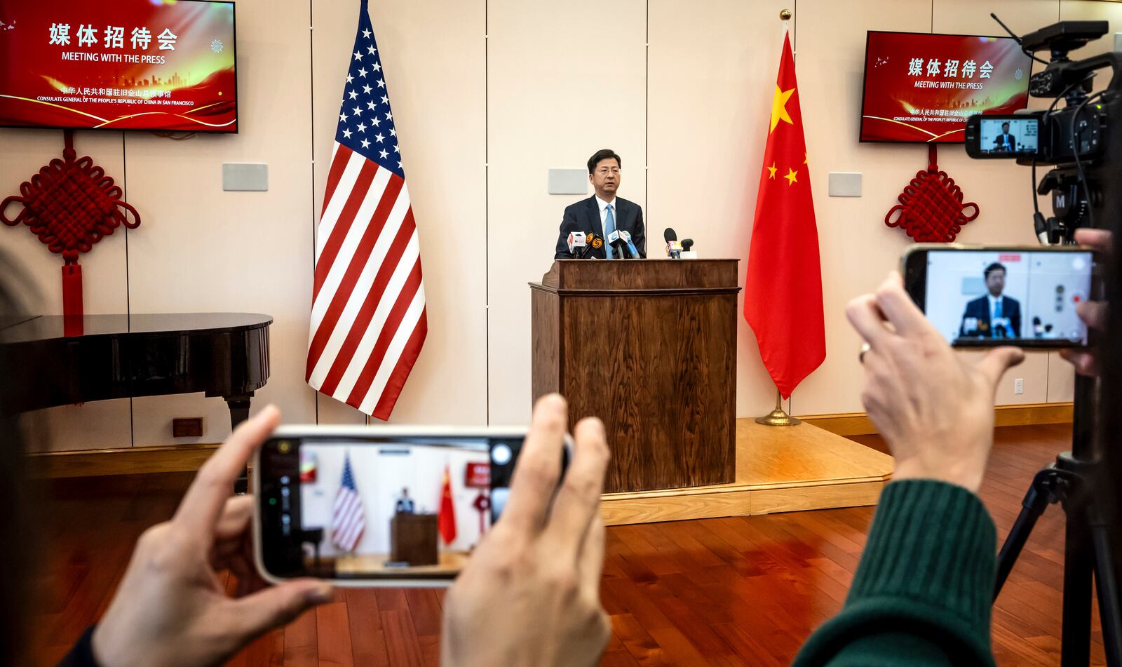 Zhang Jianmin, the consul general of the People's Republic of China in San Francisco, addresses President Donald Trump's tariffs on China during a meeting with the press at his home in San Francisco, Wednesday, March 12, 2025. (Carlos Avila Gonzalez/San Francisco Chronicle via AP)