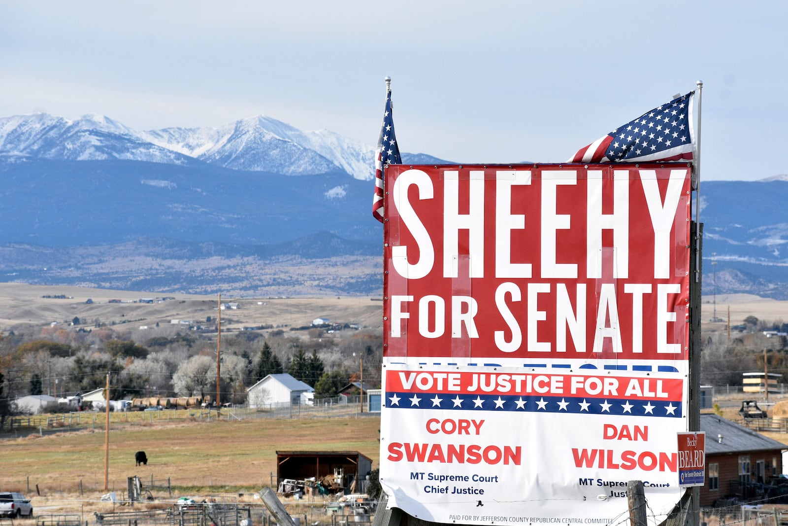 A sign for Republican Tim Sheehy's U.S. Senate campaign is seen along U.S. Interstate 90 on Nov. 1, 2024, near Whitehall, Mont. (AP Photo/Matthew Brown)