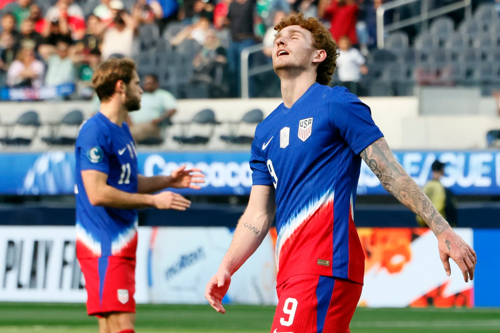 United States' Joshua Sargent (9) reacts after a missed opportunity to score during the first half of a CONCACAF Nations League semifinal soccer match against Panama, Thursday, March 20, 2025, in Inglewood, Calif. (AP Photo/Etienne Laurent)