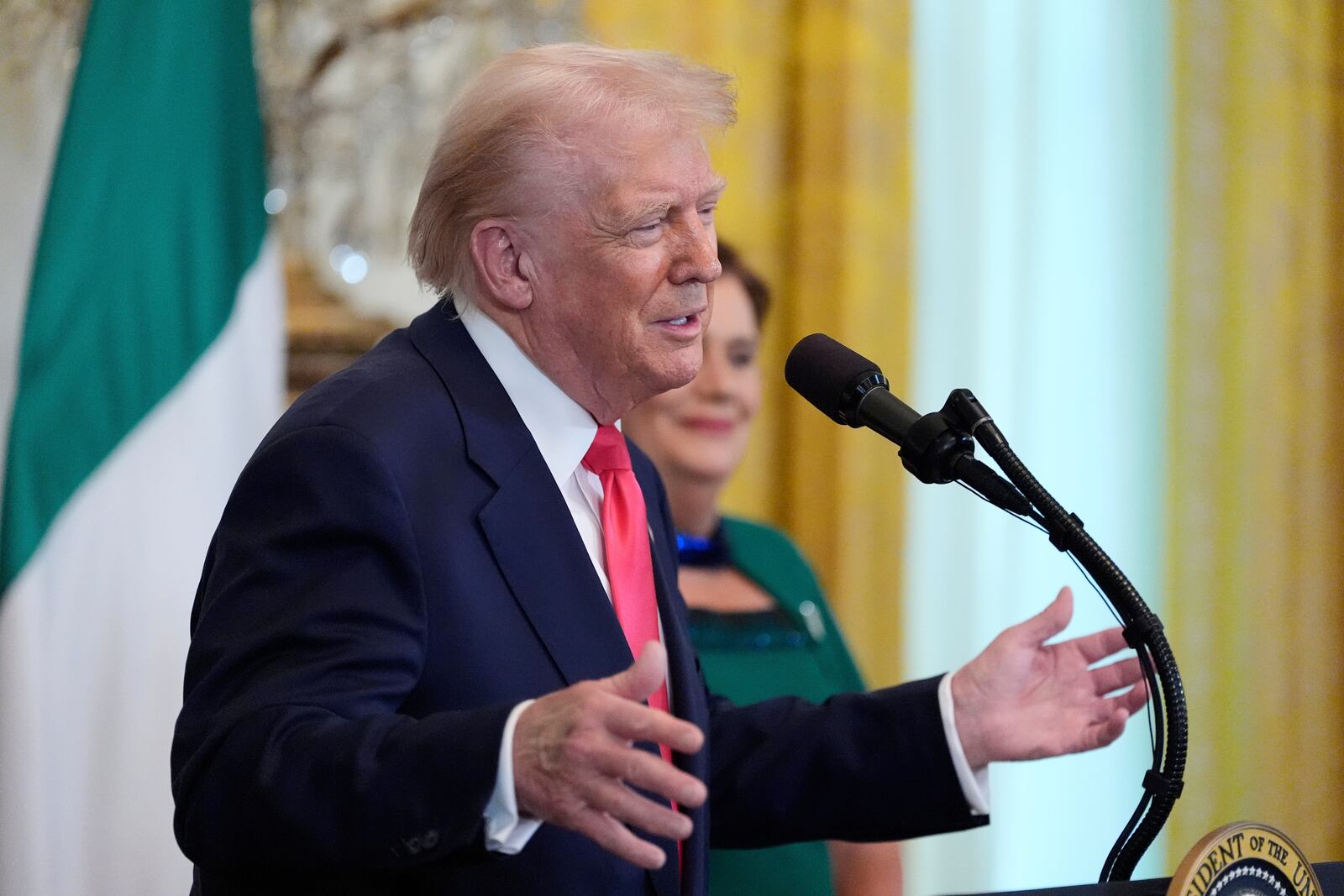 President Donald Trump speaks during an event with Ireland's Prime Minister Micheál Martin in the East Room of the White House in Washington, Wednesday, March 12, 2025. (AP Photo/Alex Brandon)