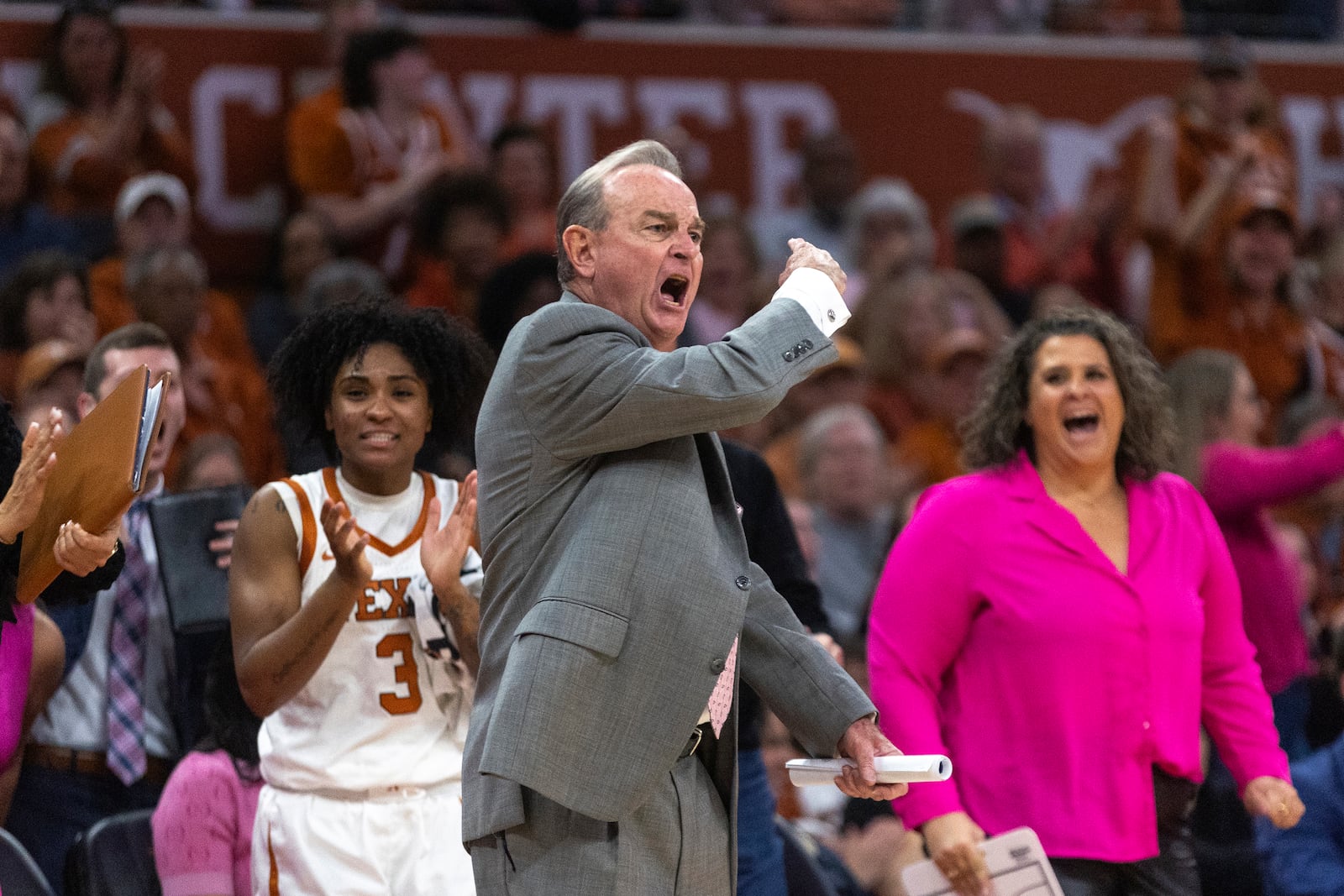 Texas head coach Vic Schaefer reacts during the first half of an NCAA college basketball game against LSU in Austin, Texas, Sunday, Feb. 16, 2025. (AP Photo/Stephen Spillman)