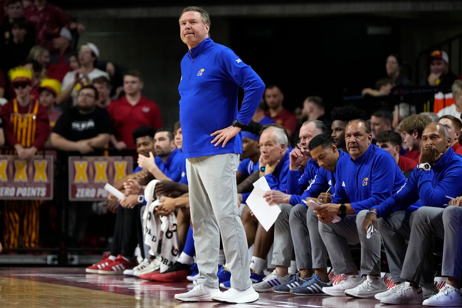 Kansas head coach Bill Self watches from the bench during the first half of an NCAA college basketball game against Iowa State Wednesday, Jan. 15, 2025, in Ames, Iowa. (AP Photo/Charlie Neibergall)