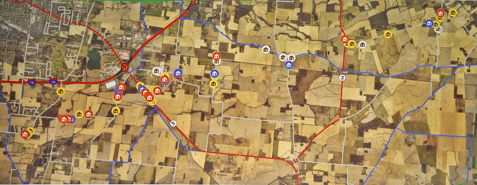 A photo of a map showing the Clark County homes affected by Wednesday's tornado. BILL LACKEY/STAFF