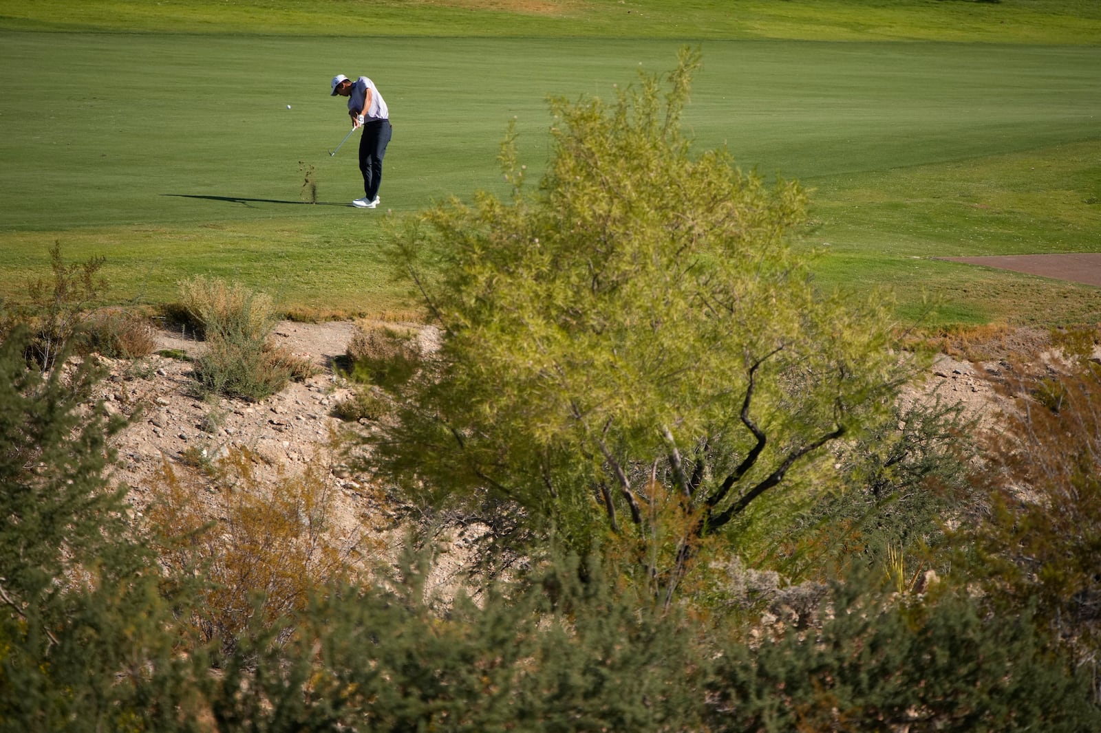 Michael Kim hits onto the third green during the first round of Shriners Children's Open golf tournament Thursday, Oct. 17, 2024, in Las Vegas. (AP Photo/John Locher)