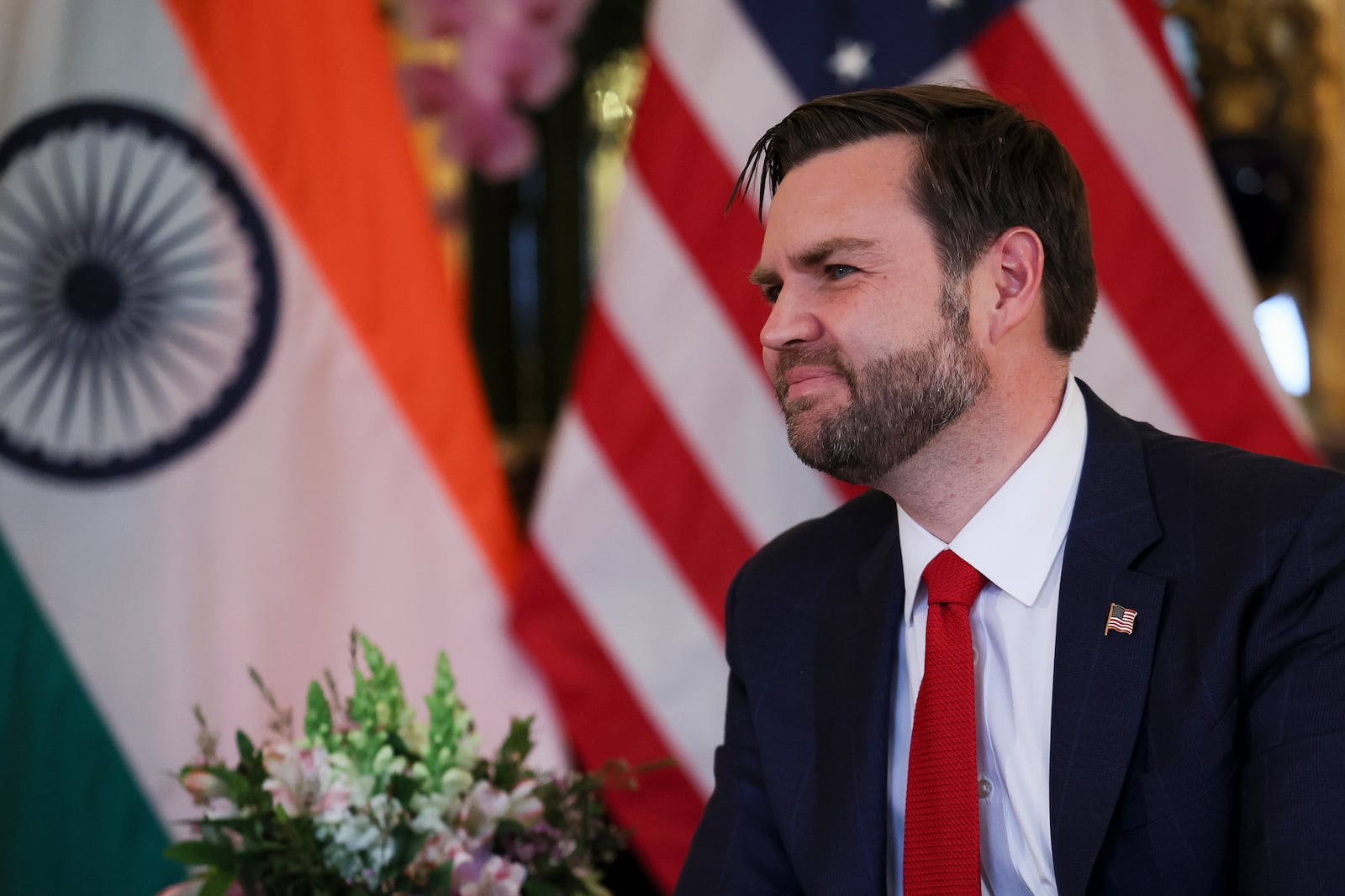 U.S. Vice President JD Vance looks on during a bilateral meeting with Indian Prime Minister Narendra Modi at the residence of the U.S. Ambassador, on the sidelines of the Artificial Intelligence Action Summit in Paris, Tuesday Feb. 11, 2025. (Leah Millis/Pool via AP)