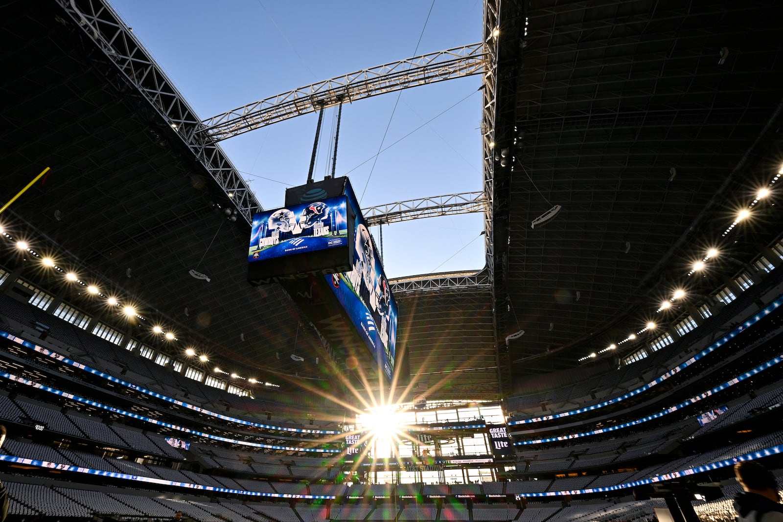 The roof is seen open at AT&T Stadium prior to an NFL football game between the Dallas Cowboys and the Houston Texans, Monday, Nov. 18, 2024, in Arlington. (AP Photo/Jerome Miron)