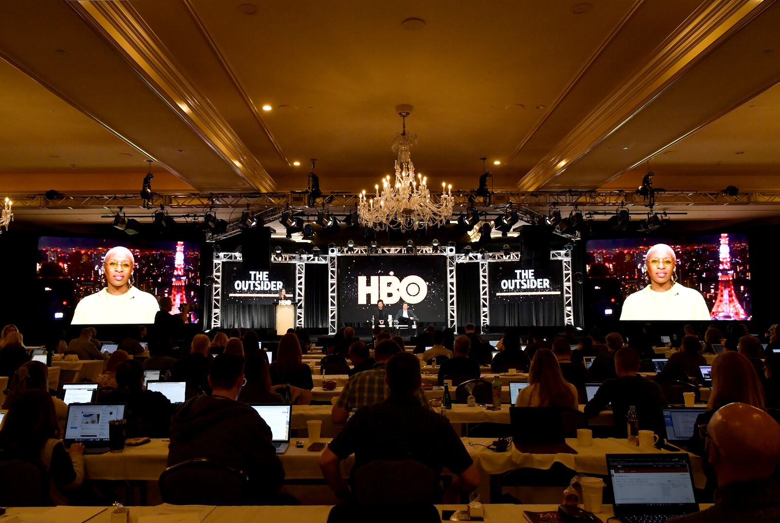 PASADENA, CALIFORNIA - JANUARY 15: (L-R) Cynthia Erivo via satellite, HBO Programming SVP Nora Skinner, Jason Bateman and Richard Price of 'The Outsider' appear onstage during the HBO segment of the 2020 Winter Television Critics Association Press Tour at The Langham Huntington, Pasadena on January 15, 2020 in Pasadena, California. 697450 (Photo by Emma McIntyre/Getty Images for WarnerMedia)