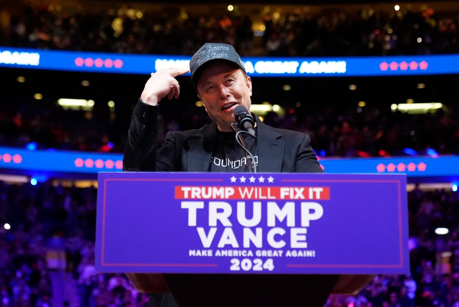 Elon Musk speaks before Republican presidential nominee former President Donald Trump at a campaign rally at Madison Square Garden, Sunday, Oct. 27, 2024, in New York. (AP Photo/Alex Brandon)