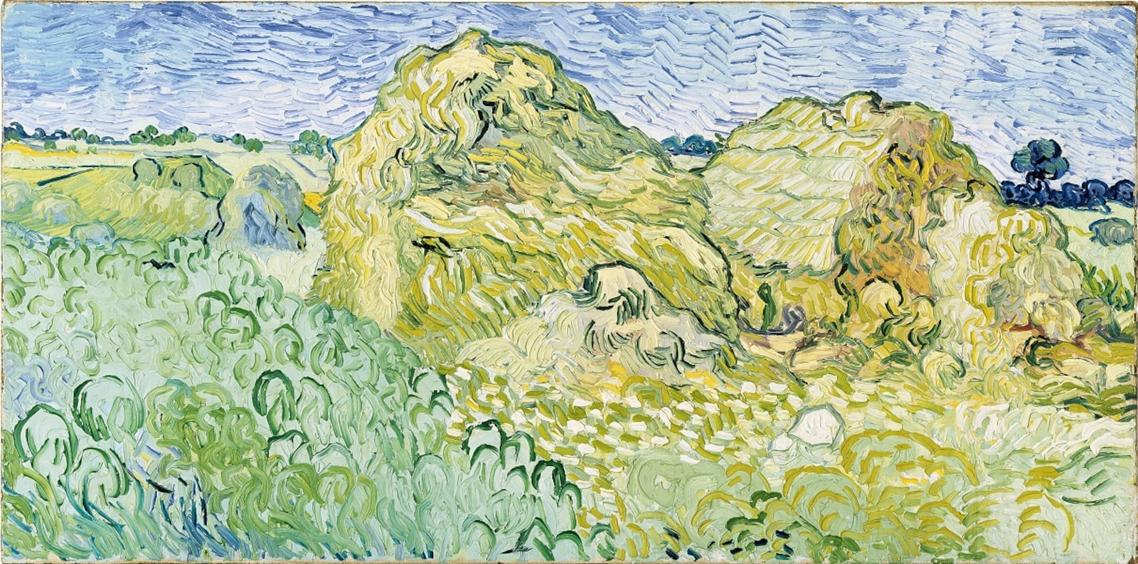 Champ aux meules de blé (Field with Stacks of Grain) is one of two original paintings by Van Gogh, on loan from the  Beyeler Museum in Switzerland, that will be featured in a Focus exhibit at the Dayton Art Institute beginning in March. CONTRIBUTED