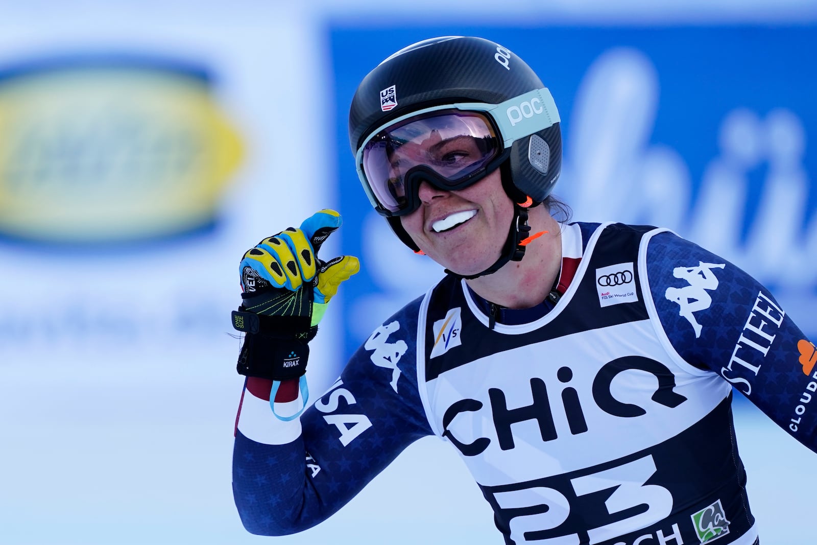 United States' Breezy Johnson reacts after completing an alpine ski, women's World Cup downhill, in Garmisch, Germany, Saturday, Jan. 25, 2025. (AP Photo/Piermarco Tacca)