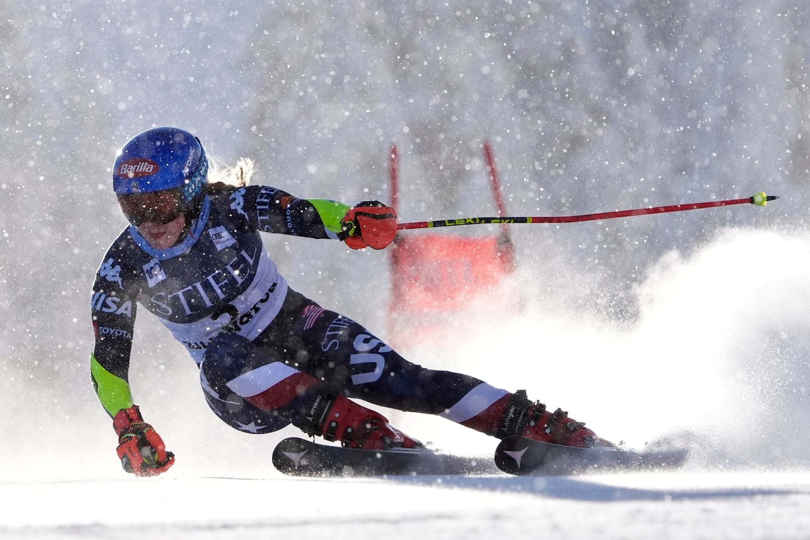 Mikaela Shiffrin, of the United States, competes during a women's World Cup giant slalom skiing race, Saturday, Nov. 30, 2024, in Killington, Vt. (AP Photo/Robert F. Bukaty)